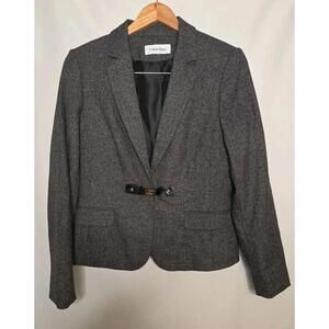 Calvin Klein Equestrian Blazer Womens 6 Gray Belted Riding Jacket Tweed Peplum